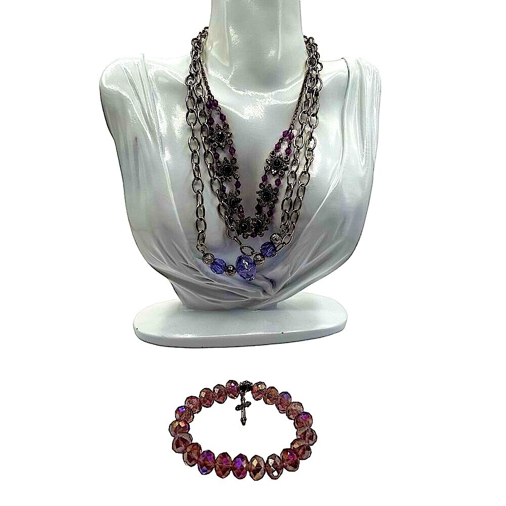 Vintage Layered Silver Chain & Purple Bead Necklace Bracelet Set N57